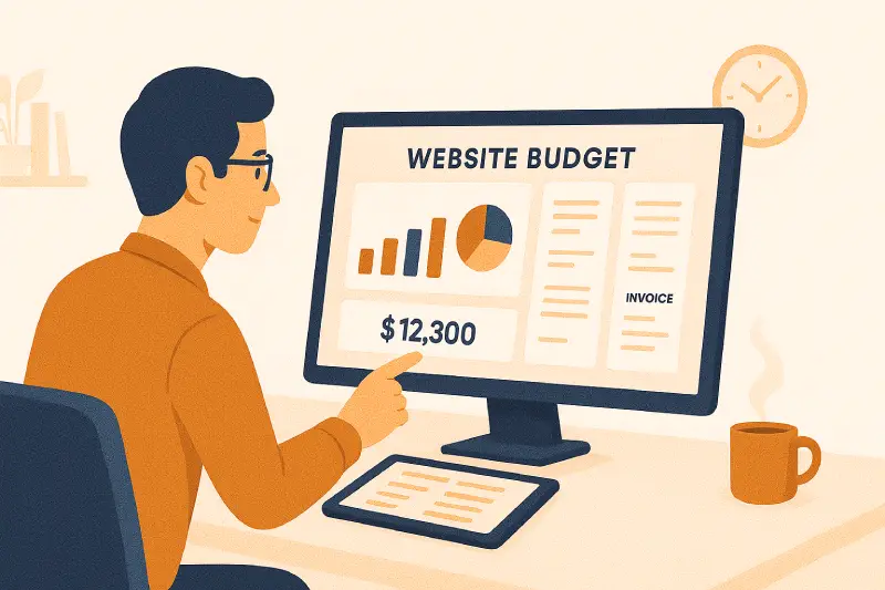 Développeur web freelance à Nîmes analysant le coût d’un site internet sur un tableau de bord financier digital.