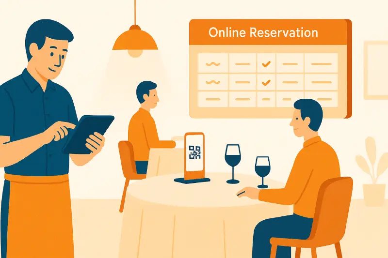 Restaurant moderne utilisant une tablette et un menu QR code pour illustrer la digitalisation du secteur en 2025.