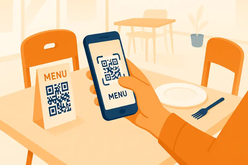 Client scannant un QR code sur une table de restaurant pour consulter un menu digital moderne.