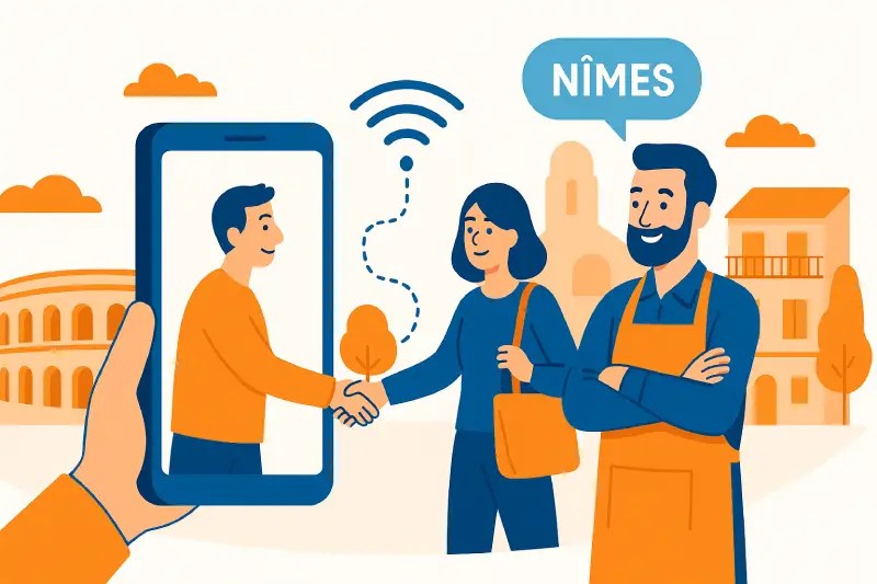 Entrepreneur à Nîmes utilisant une application mobile pour gérer ses clients, symbole de transformation digitale locale.