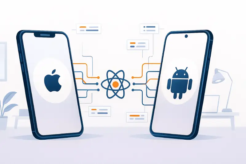 Deux smartphones reliés par du code représentant le développement d’applications mobiles avec React Native.